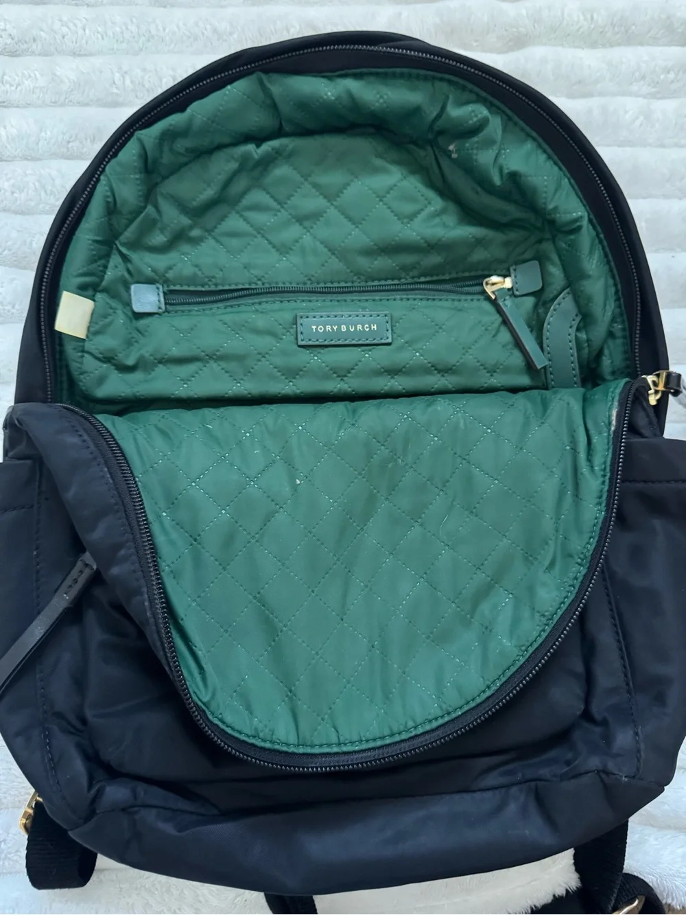 Tory Burch Black Nylon Backpack with Gold Hardware and Green Tag